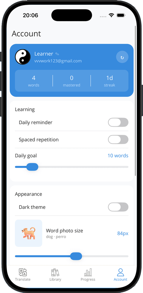 Account screen: learning and appearance settings