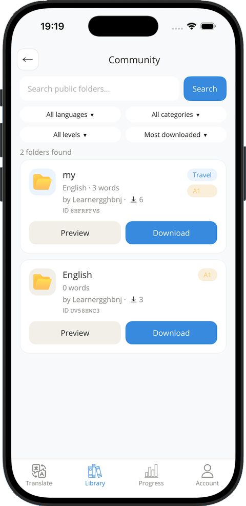 Community screen: browsing public decks shared by other learners