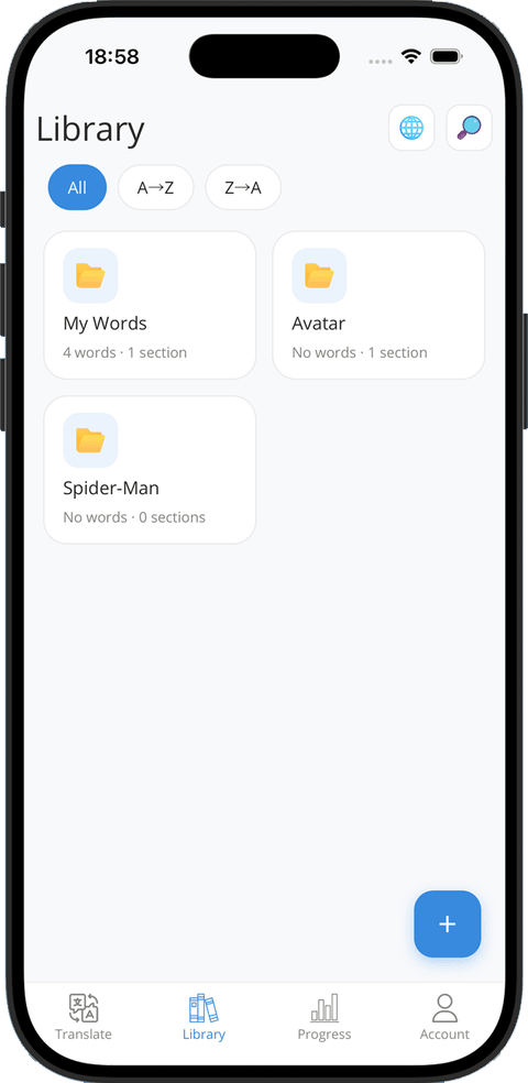 Library screen: folders organizing saved words