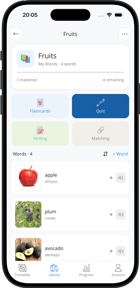 Study modes screen: flashcards, quiz, writing, and matching