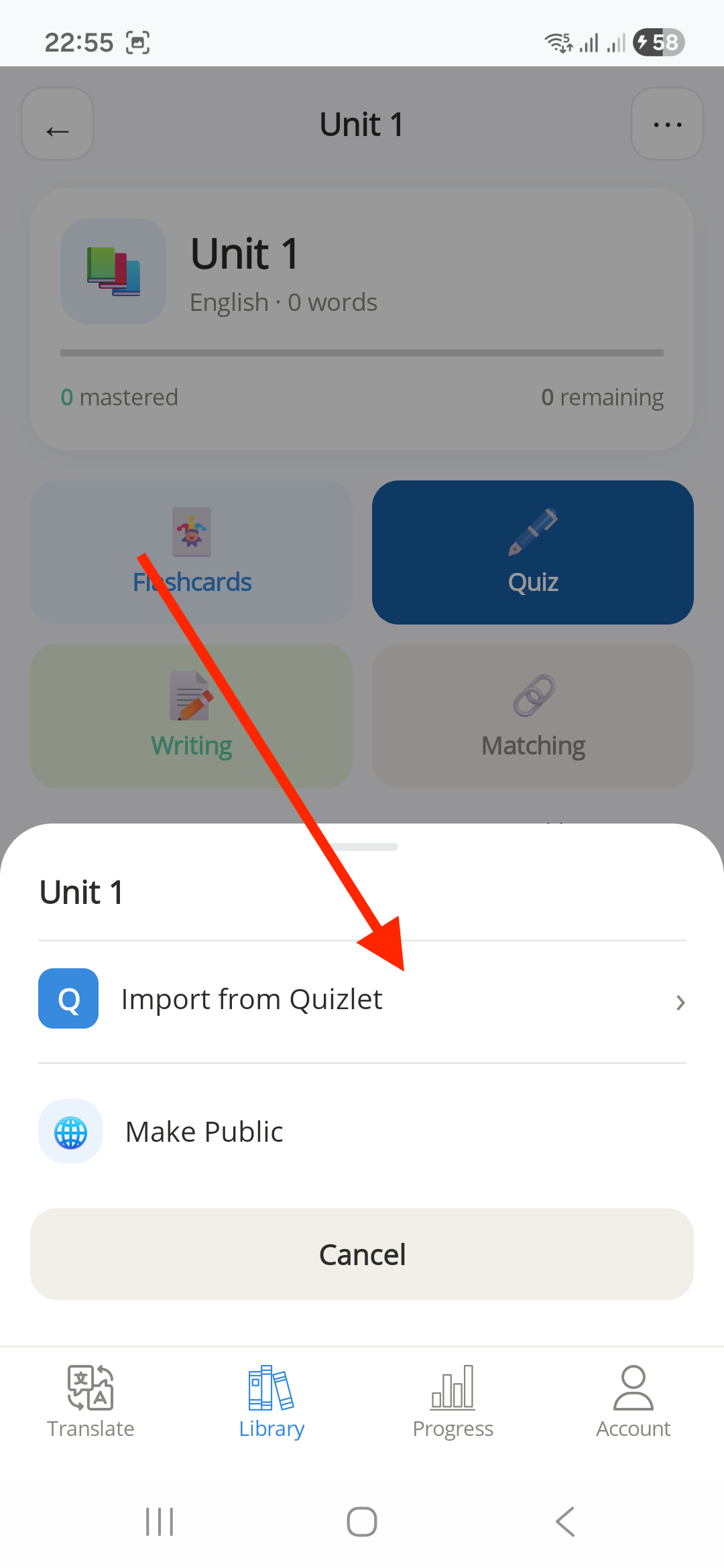 Atom Translate folder menu with Import from Quizlet and Make Public options, Import from Quizlet highlighted
