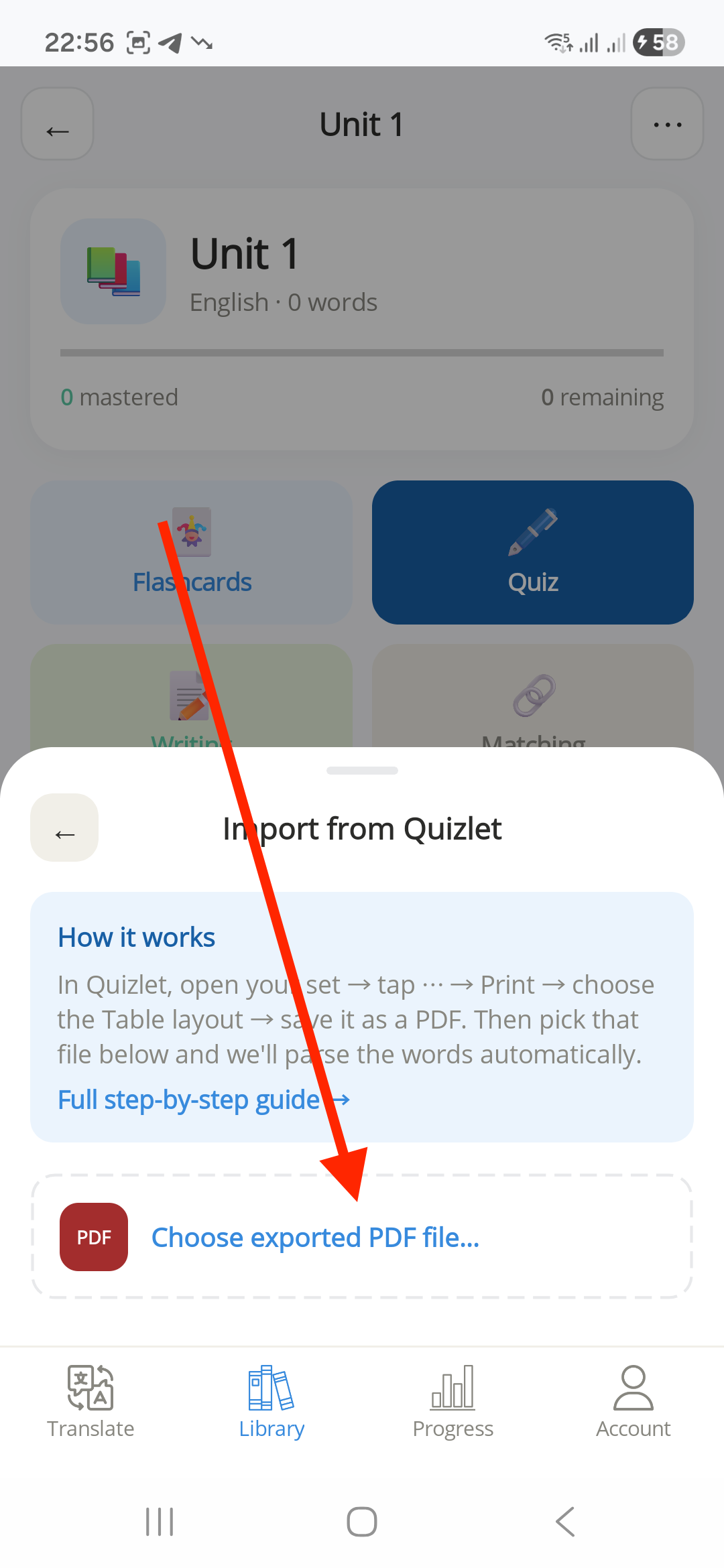 Atom Translate's Import from Quizlet screen explaining how it works, with the Choose exported PDF file button highlighted