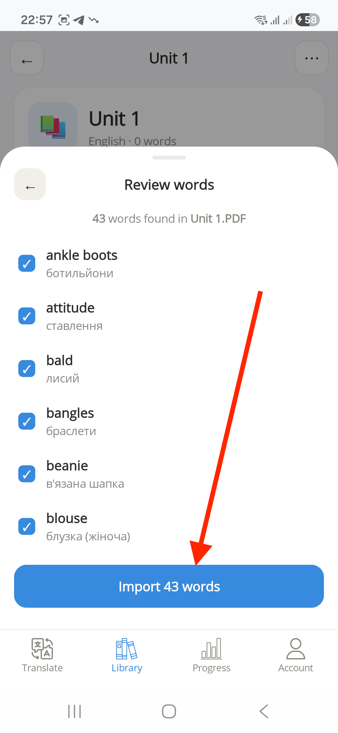 Atom Translate Review words screen listing parsed term and translation pairs with checkboxes and an Import words button