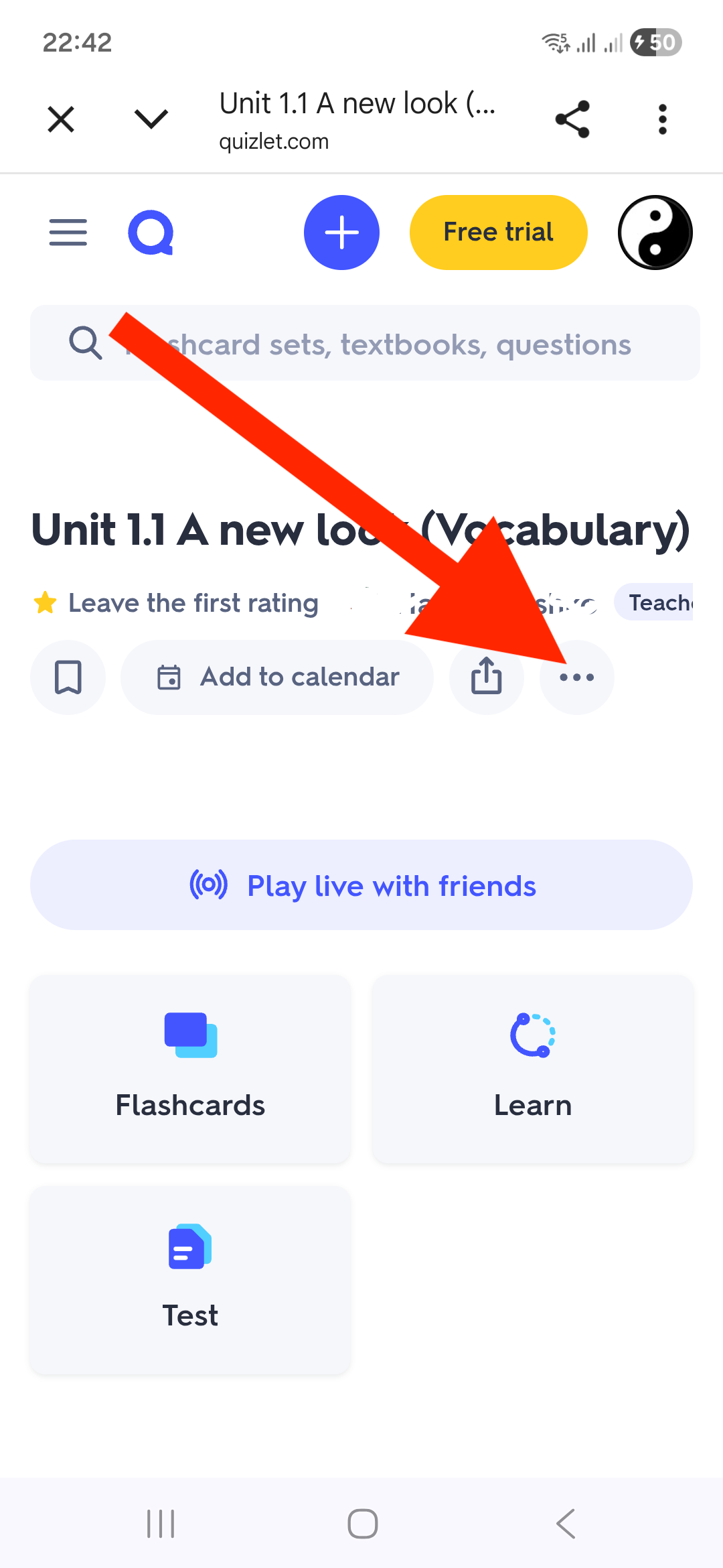 Quizlet set page on a phone with the ⋯ (more) menu highlighted