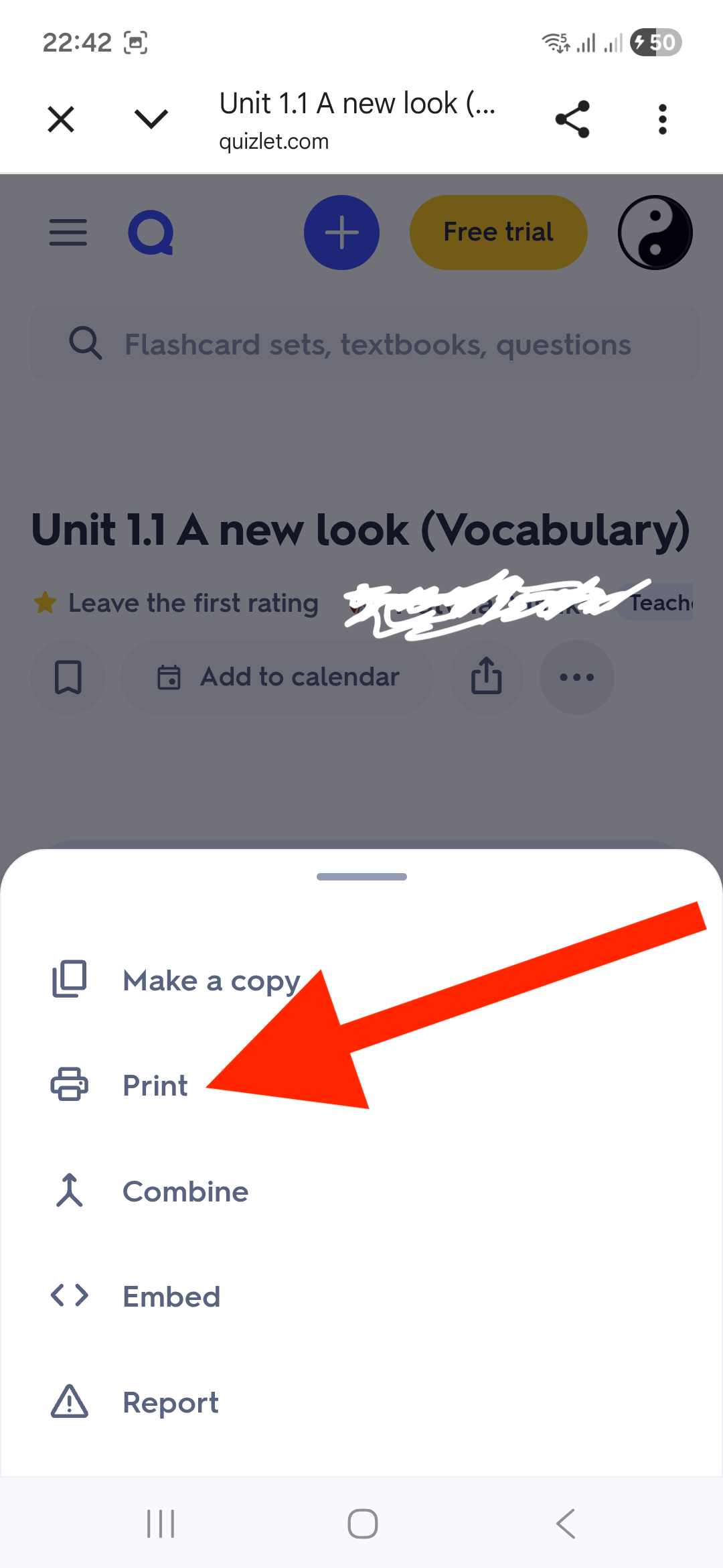 Quizlet's mobile menu open with Print highlighted among Make a copy, Combine, Embed, and Report