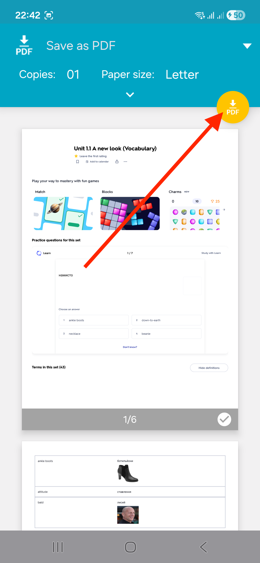Phone's Save as PDF screen with the round PDF download button highlighted