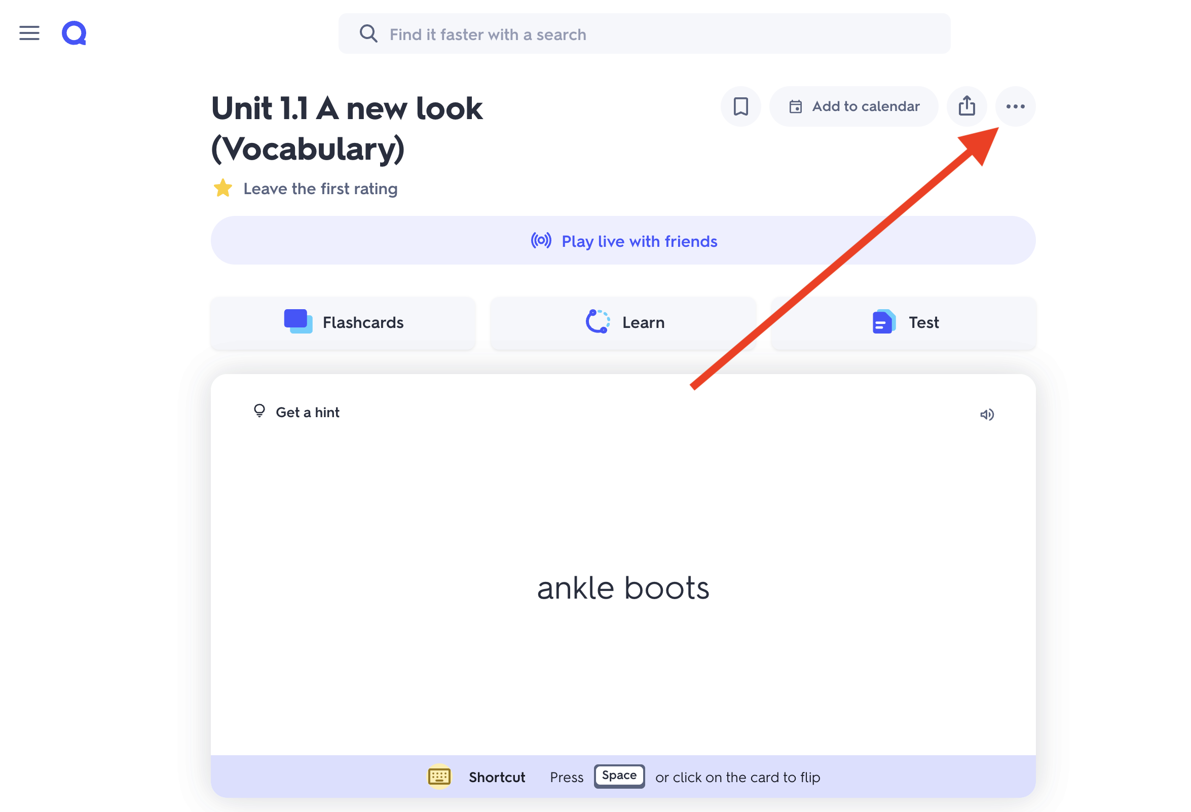 Quizlet set page on a computer with the ⋯ (more) menu highlighted in the top-right corner