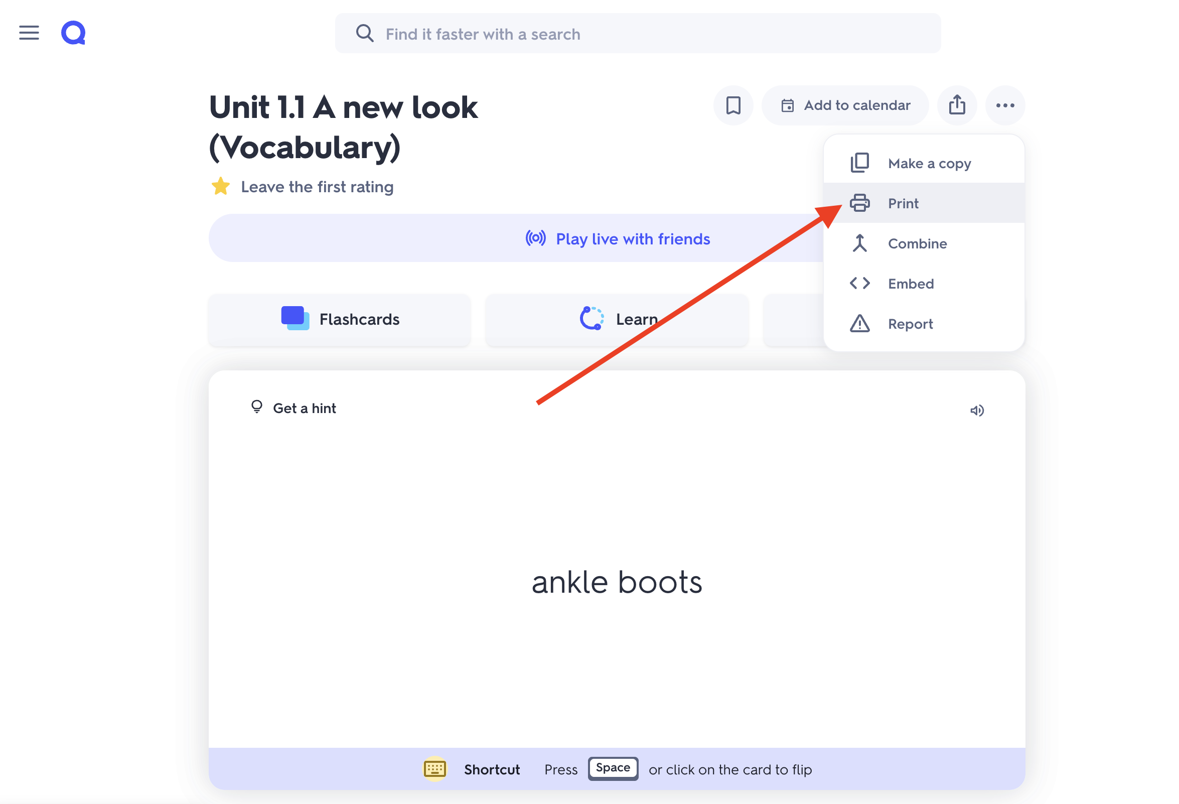 Quizlet's more menu open, showing Make a copy, Print, Combine, Embed, and Report, with Print highlighted