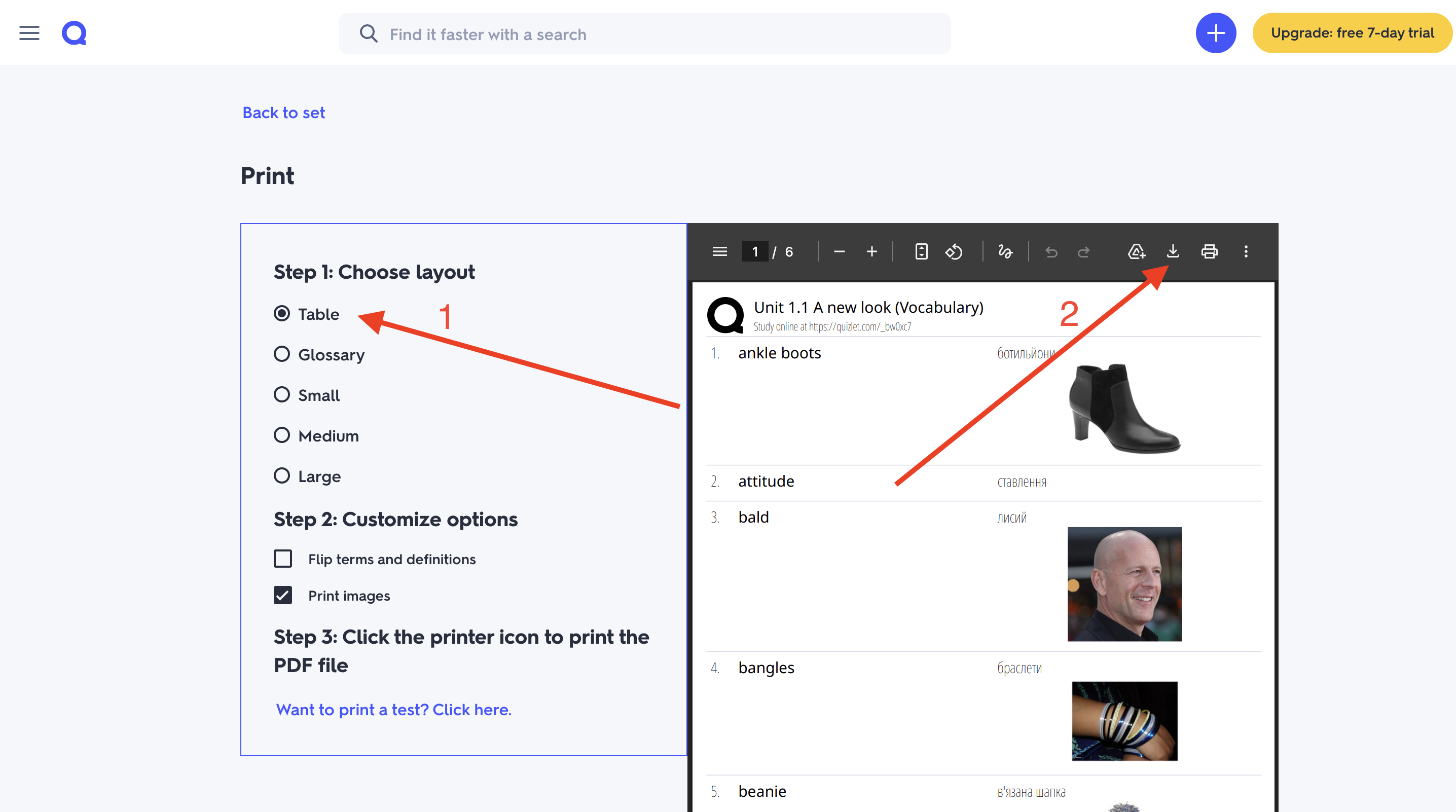 Quizlet print preview page with the Table layout selected on the left and the download icon highlighted in the PDF viewer toolbar on the right